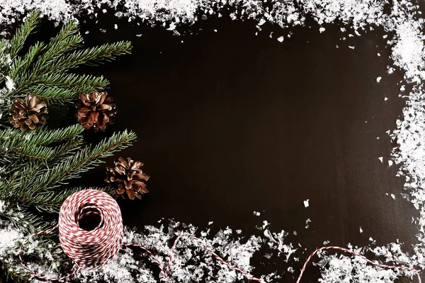 Bakgrunden för nyårshälsningar - trädgrenar, kottar och sno — Stockfoto