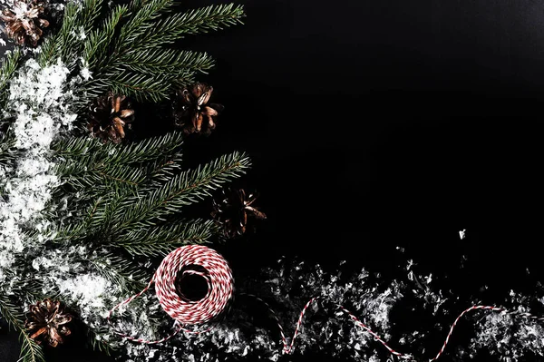 background for new year greetings - tree branches, cones and sno