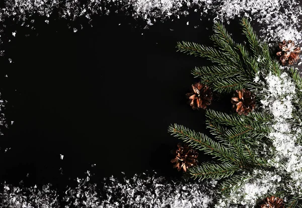 Fundo para cumprimentos de ano novo - galhos de árvore, cones e sno — Fotografia de Stock