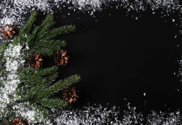 Background for new year greetings - tree branches, cones and sno — Stock Photo, Image