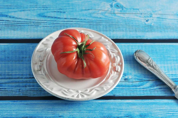 Красный спелый помидор с зеленым стеблем на тарелке — стоковое фото