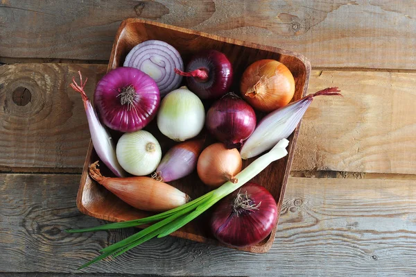 Olika lök sorter i en träplatta — Stockfoto