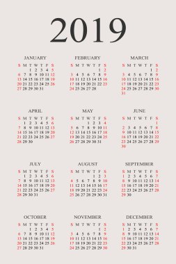 Takvim 2019 yıl vektör tasarım şablonu