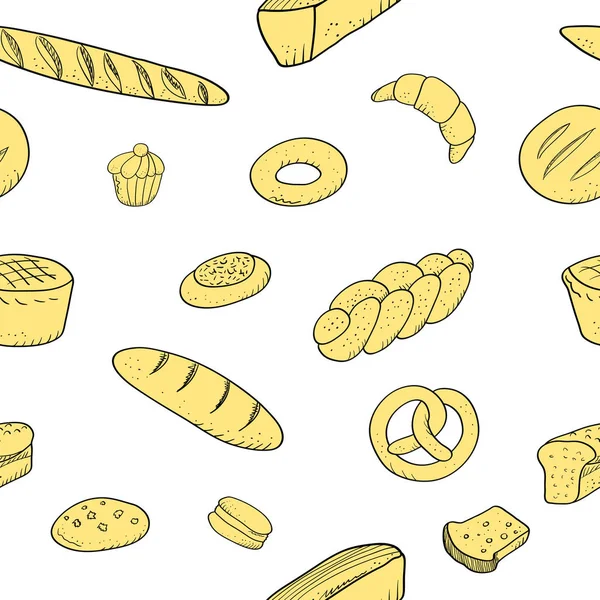 Panadería patrón sin costura dibujado a mano pastelería galletas baguette — Archivo Imágenes Vectoriales