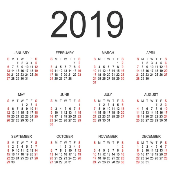 Modelo de projeto de vetor ano calendário 2019 — Vetor de Stock