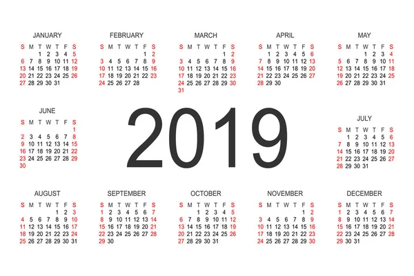 Modelo de projeto de vetor ano calendário 2019 — Vetor de Stock