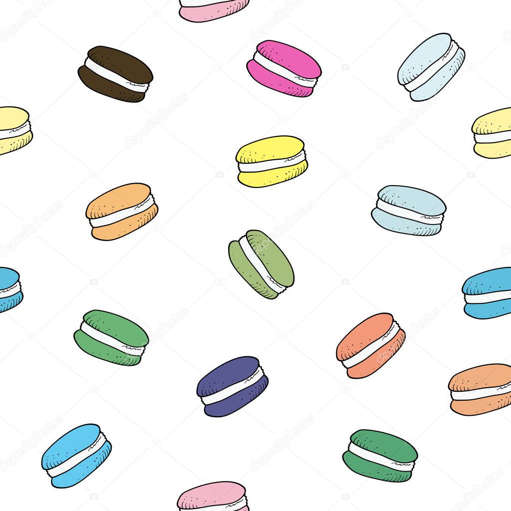 Seamless pattern with hand drawn pastry colorful macaroon cookie
