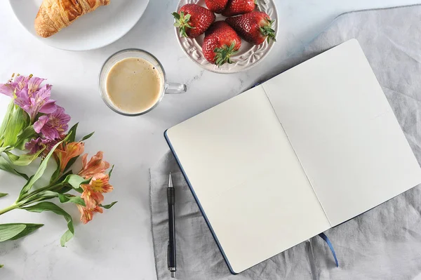 Morning romantic Breakfast - coffee mag, empty notebook