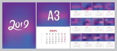 Vektör 2019 Rus yeni yıl Takvim şablonu basit tarzı 