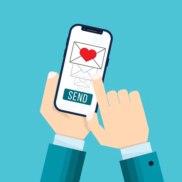 Mano de hombre de negocios enviar o recibir amor sms teléfono móvil — Vector de stock