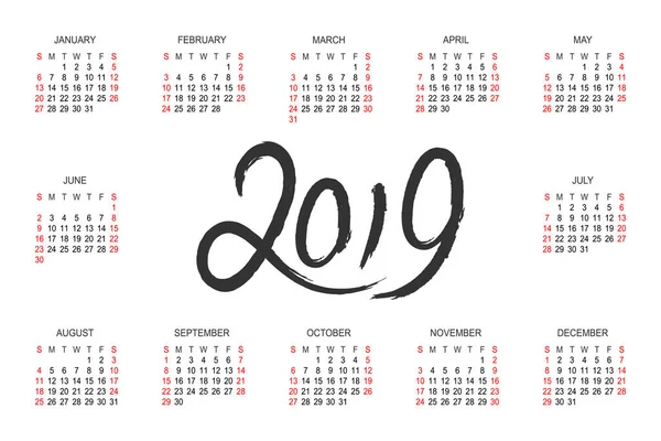 Calendrier 2019 année vectoriel modèle de conception — Image vectorielle