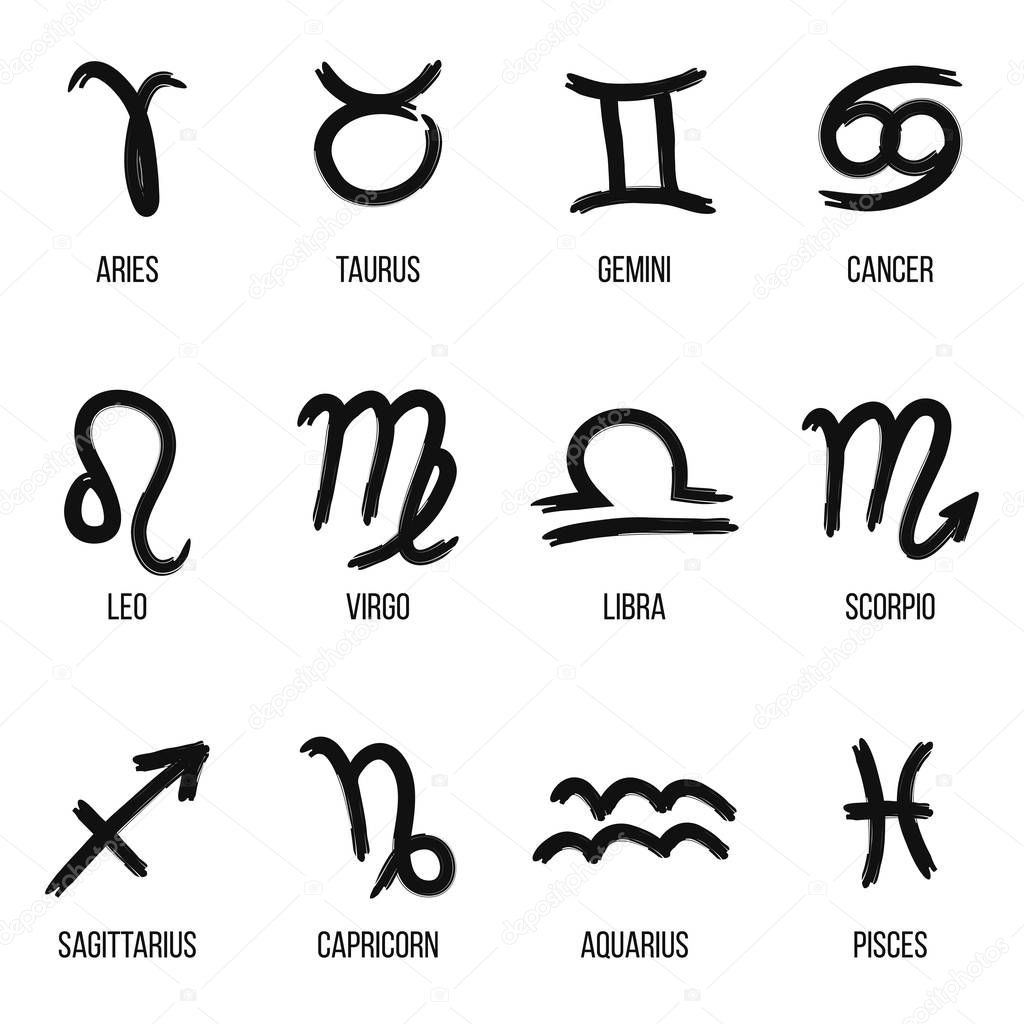 Collection of vector zodiac signs, hand drawn with ink brush. Vector graphics set.