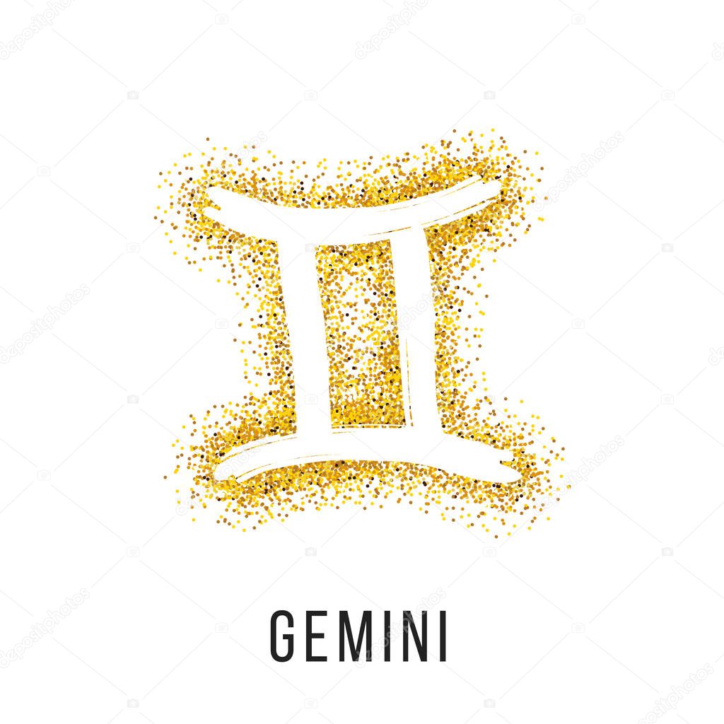 Gemini gold glitter vector zodiac sign, hand drawn with ink brush. Vector graphics set.