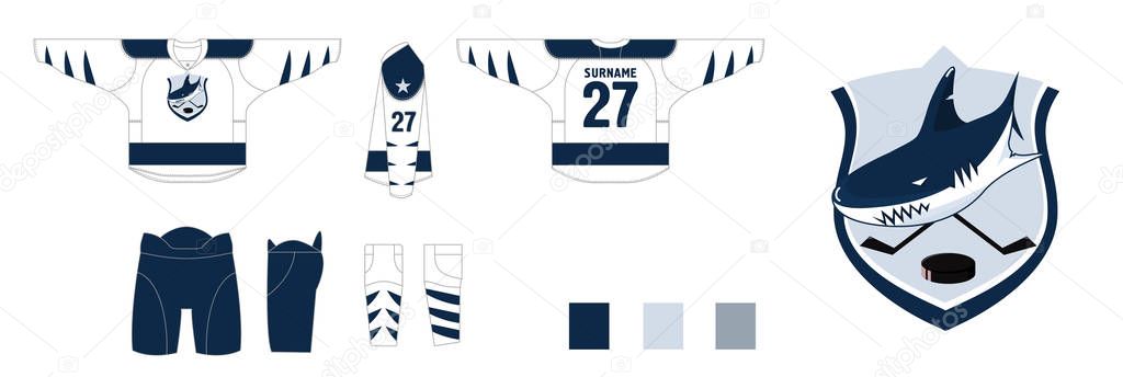 Design hockey uniform - style sharks logo hockey team - pattern cutting for sewing - Hockey sweater and hockey leg warmers, gaiters