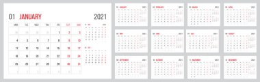 Takvim 2021 şirket şablon tasarımı seti. Hafta pazartesi başlıyor. Temel şablon - yıllık takvim 2021 için şablon. 12 aylık set