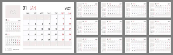 Calendrier 2021 Planificateur Ensemble Conception Modèle Entreprise Semaine Commence Lundi — Image vectorielle