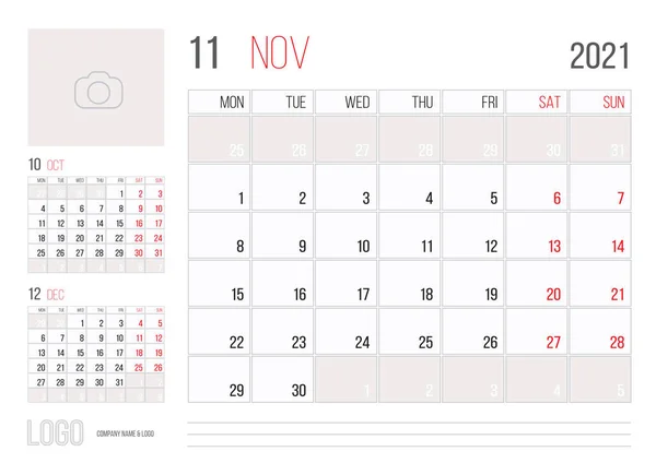 Kalendář 2021 Projektant Firemní Šablony Design Listopad Měsíc Týden Začíná — Stockový vektor