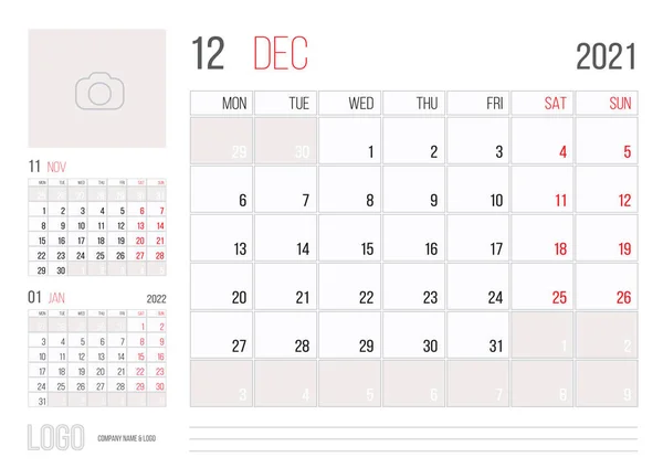Kalendář 2021 Projektant Firemní Šablony Design Prosinec Měsíc Týden Začíná — Stockový vektor