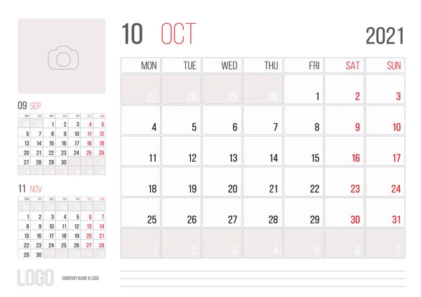 Kalendář 2021 Plánovač Firemní Šablony Design Říjen Měsíc Týden Začíná — Stockový vektor