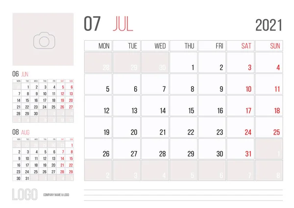 Kalendář 2021 Projektant Firemní Šablony Design Červenec Měsíc Týden Začíná — Stockový vektor