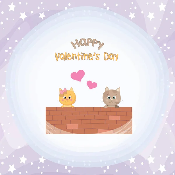 Valentine Day Greeting Card Two Cute Cats Pink Hearts — Stock Vector