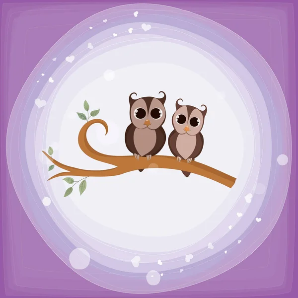 Two Owls Posing Branch — Stock Vector