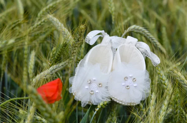 Крупный план новорожденной девочки белые туфли в зеленом пшеничном поле весной. Новорожденный ребенок и концепция семьи — стоковое фото