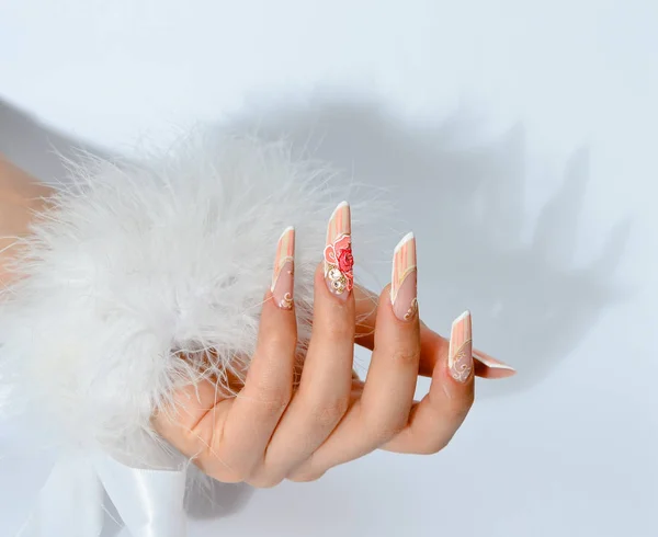 Kleurrijke lang geschilderde nagels franse manicure op witte achtergrond — Stockfoto