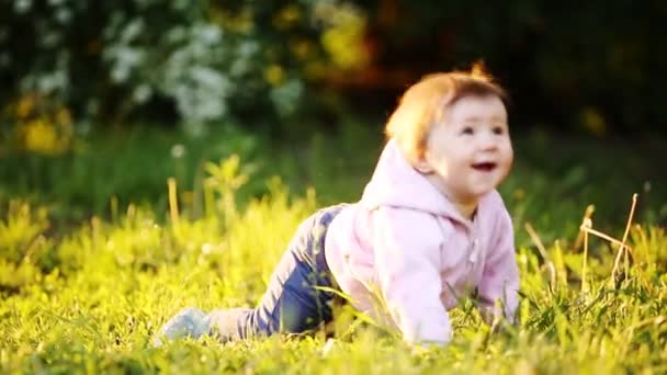 Pequeno bebê bonito aprendendo a rastejar na grama verde no parque ao pôr do sol . — Vídeo de Stock