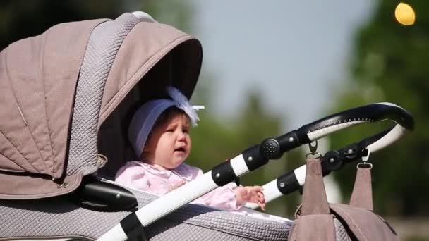 Pleurer bébé-fille assis dans la voiture de bébé dans le parc au jour de la lumière du soleil . — Video