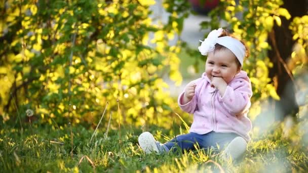 Pequeña niña bonita sentada sobre hierba verde en el parque al atardecer . — Vídeos de Stock