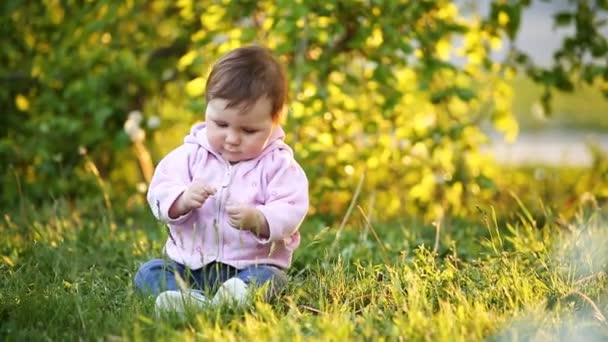 Pequeña niña bonita sentada sobre hierba verde en el parque al atardecer . — Vídeos de Stock