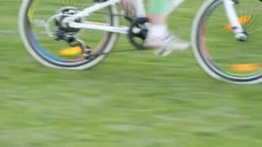 Mutlu küçük kız yaz güneşli günde çayır on bir bisiklet sürme.