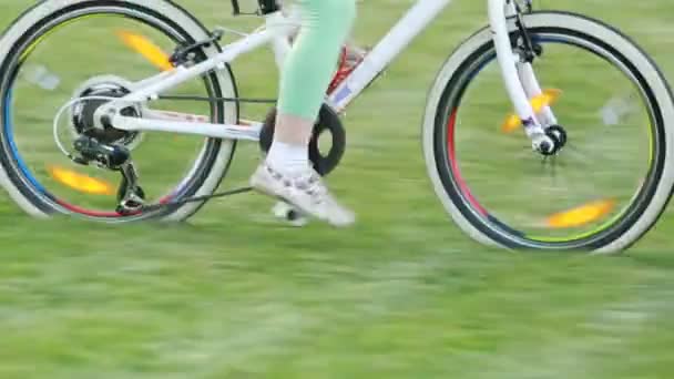 Niña feliz montando una bicicleta en el prado en verano día soleado . — Vídeos de Stock