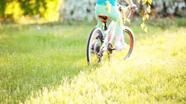 Malé radostné holčičky, jízda na kole v přírodě, na zelené trávě v městském parku. — Stock video