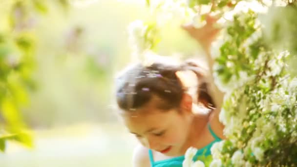 Gros plan de la petite fille aime l'odeur des fleurs dans la prairie en été . — Video