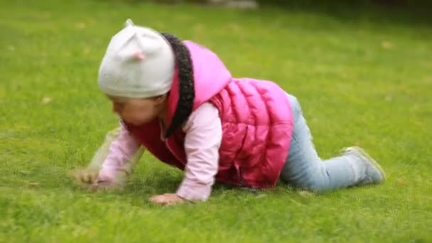 Χαριτωμένο μικρό μωρό-κορίτσι σέρνεται στο πράσινο φθινόπωρο-Λιβάδι στο πάρκο της πόλης-. — Αρχείο Βίντεο