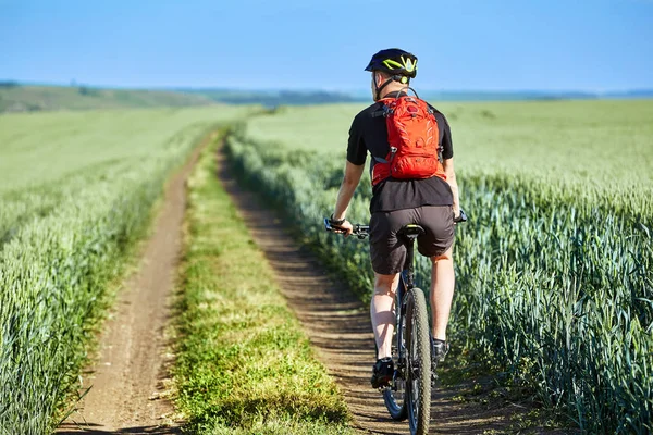 Pohled zezadu na mladý cyklista jedoucí na kole na silnici pole. — Stock fotografie