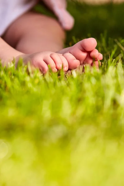 Bebé pies en la hierba verde en verano día cálido en el parque de la ciudad . — Foto de Stock