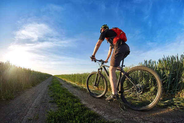 Cyklista v cyklista horské jezdecké helmy na venkovní stezce proti východu slunce. — Stock fotografie
