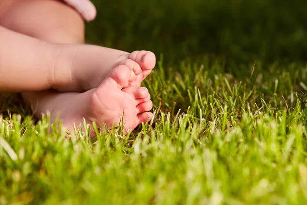Primer plano de los pies de los bebés en la hierba verde en el prado en el día cálido . — Foto de Stock