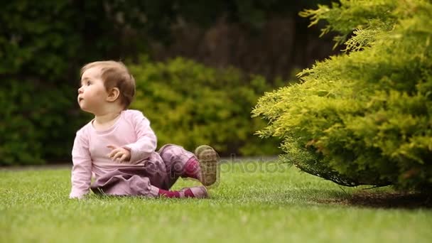 Όμορφο ευτυχισμένο μωρό κοριτσάκι κάθεται σε ένα πράσινο λιβάδι κοντά στη ζούγκλα. — Αρχείο Βίντεο