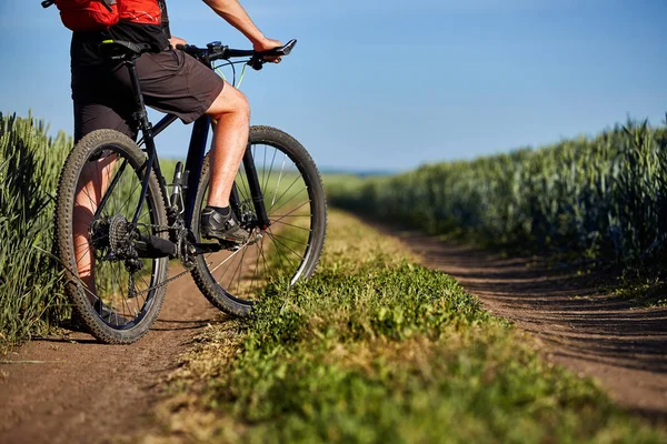 Detail nohy muž cyklista s horské kolo na cestě zelené pole v přírodě. — Stock fotografie