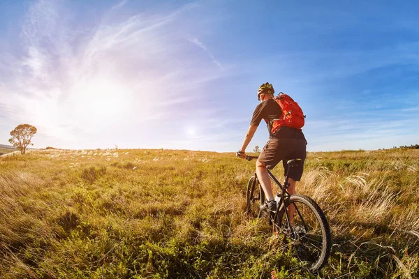 Atractivo un ciclista en bicicleta de montaña en el camino cerca de campos verdes en el campo en la temporada de verano . — Foto de Stock