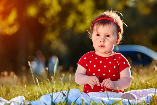 Bebé niña en verano vestido sentado en el campo — Foto de Stock