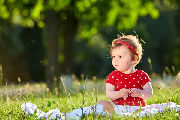 Bebê menina no vestido de verão sentado em campo — Fotografia de Stock