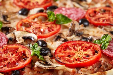Salam, domates ve zeytin pizza closeup