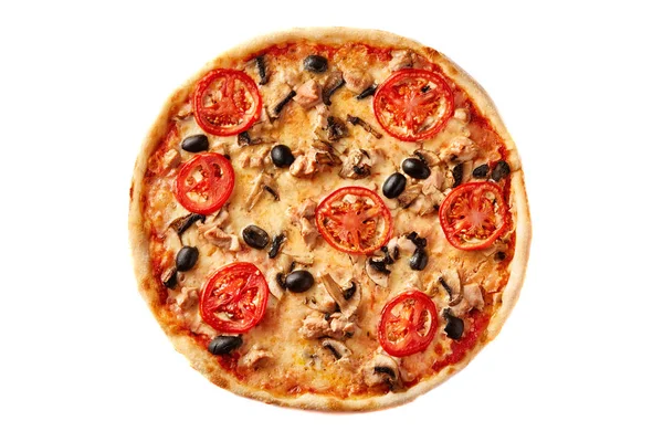Pizza sobre fondo de madera claro vista superior. Corteza de pastelería delgada en escritorio de madera . — Foto de Stock