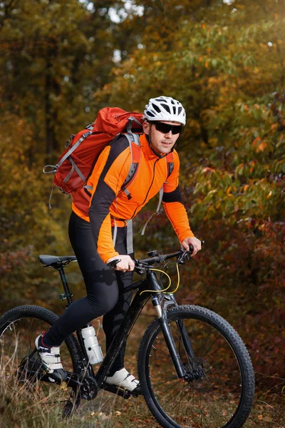 Vista trasera de un hombre con una bicicleta y una mochila roja contra el cielo azul. ciclista monta en bicicleta . — Foto de Stock