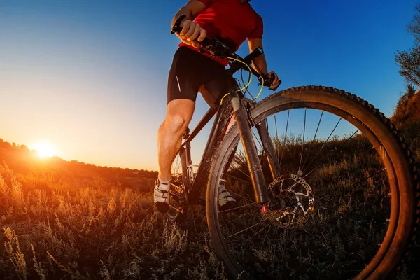 Dağlarda bir doğa iz üzerinde Bisiklete binmek bir bisikletçi geniş açılı görünüş.